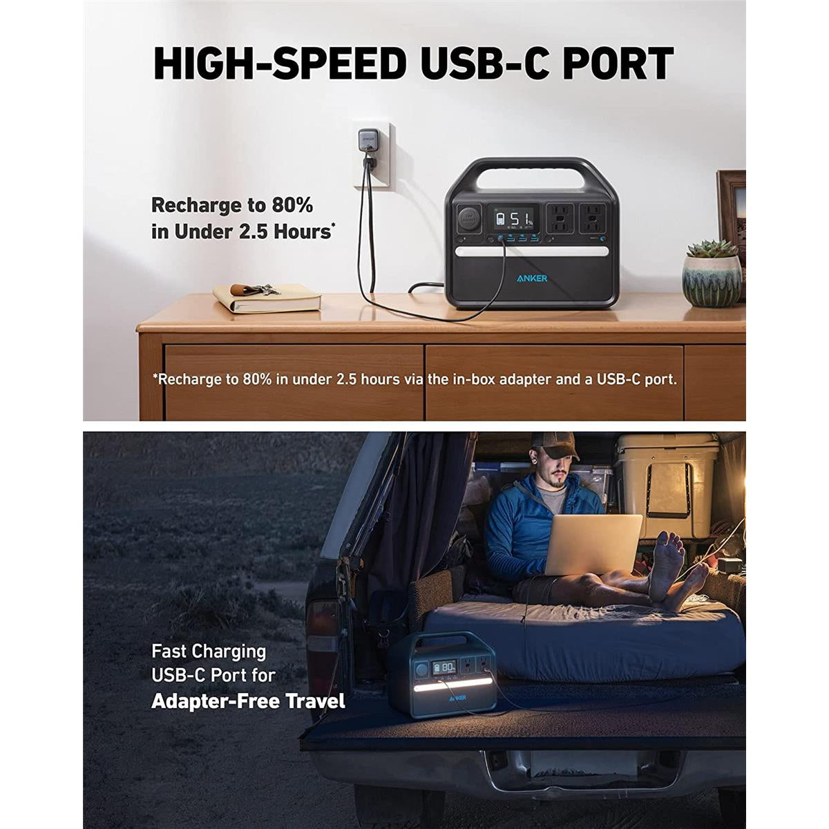 Anker 535 PowerHouse USB-C Portable Power Station with Smart LED Display (512Wh, 500W) - Black