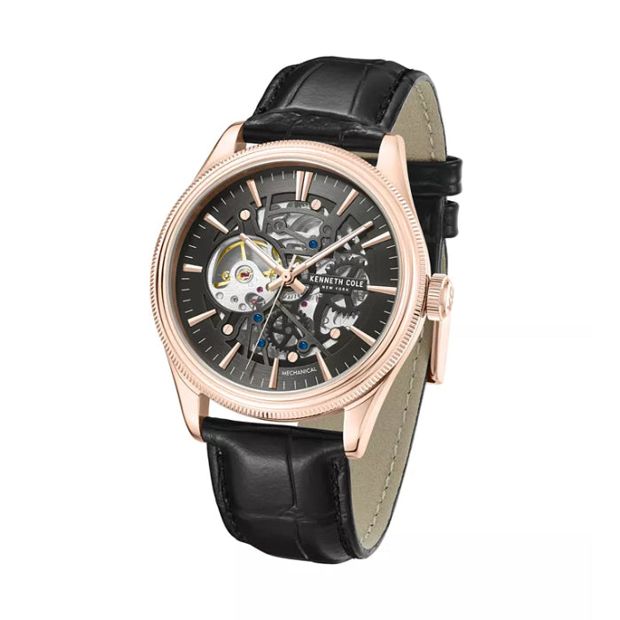 Kenneth Cole New York Mechanical Men's 42mm Black Strap Watch - Black/Rose Gold Dial