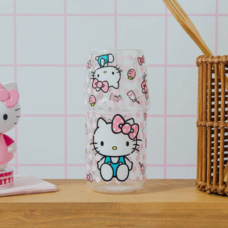 Sanrio Hello Kitty Pink Dots 18 oz Glass Pitcher and 8 oz Cup