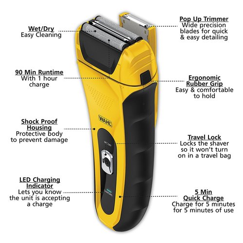 Wahl LifeProof 7061-100 Cordless Rechargeable Electric Foil Shaver for Men - Yellow/Black - Curacao