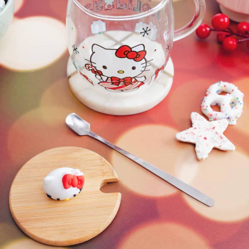 Sanrio Hello Kitty 17 oz Holiday Glass Coffee Mug With Lid and Spoon