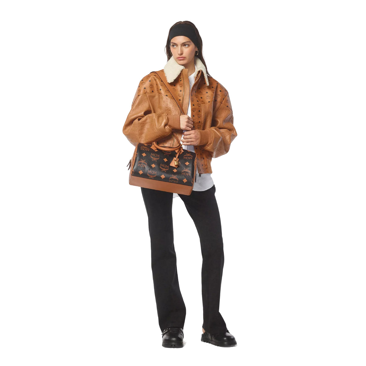 MCM Monogram Mix Medium Ella Boston Bag - Black