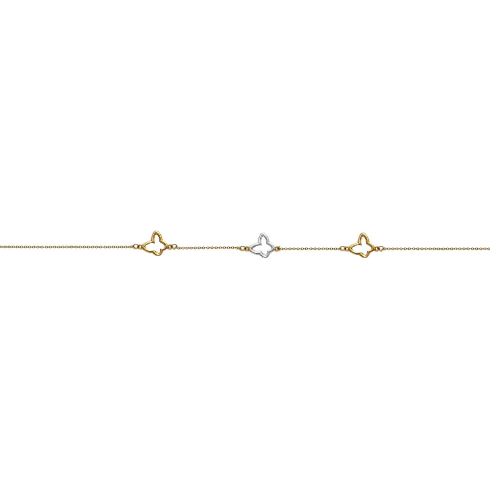 14K Women's 7.5" Cubic Zirconia 3 Outlined Butterflies Bracelet in 14K Yellow Gold