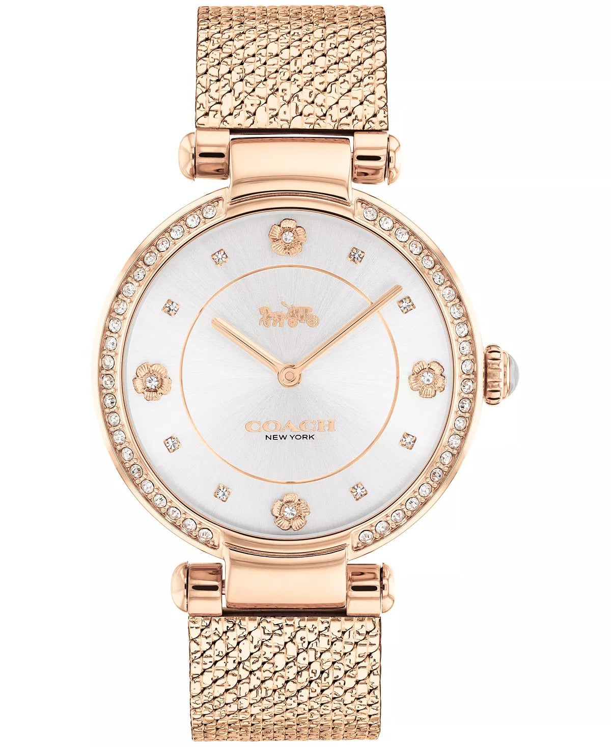Reloj Coach Cary de 34 mm con esfera en tono blanco con detalles de cristal y pulsera con efecto rayos de sol para mujer, oro rosa