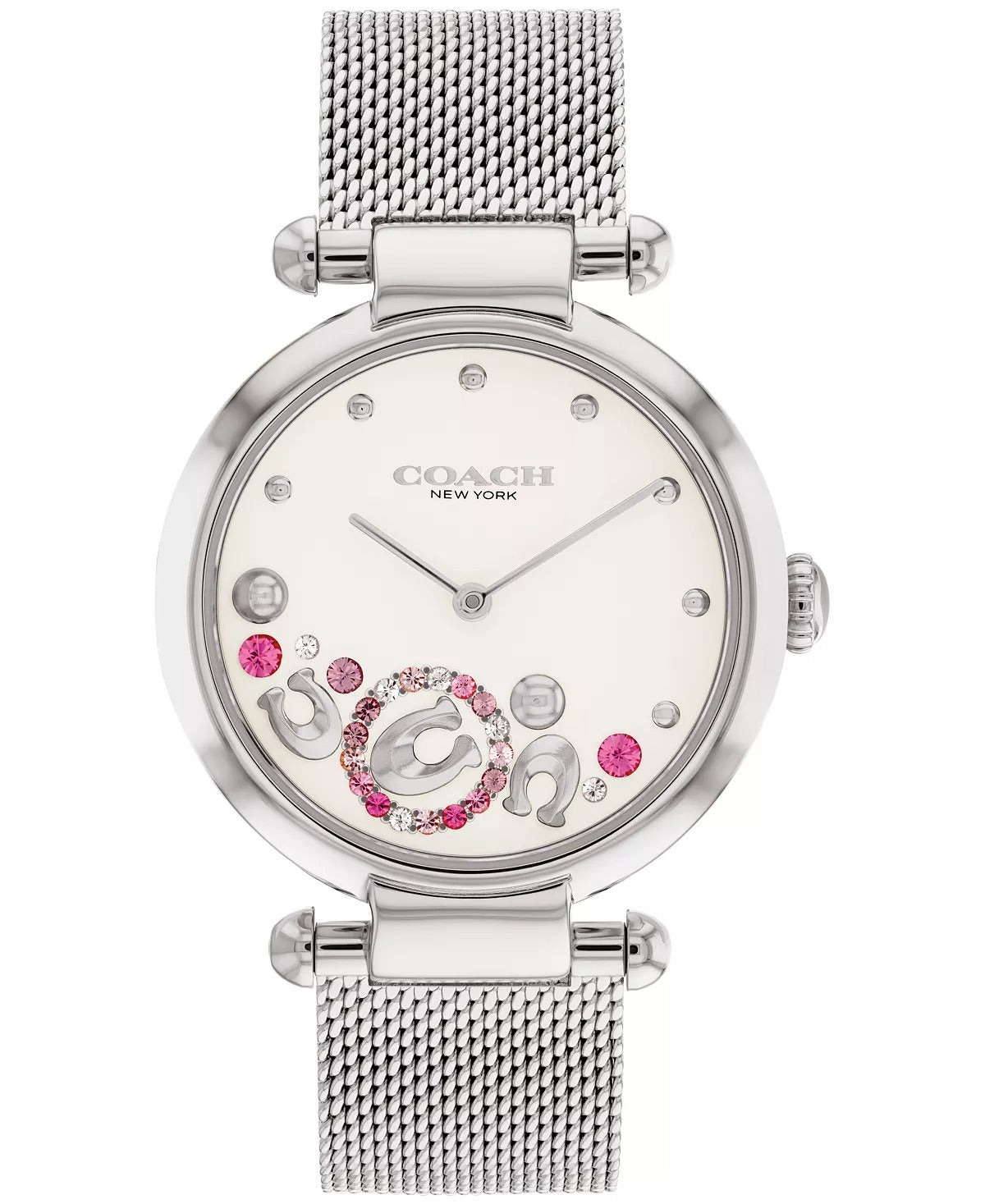 Reloj Coach Cary de 34 mm con malla de herradura y detalles de cristal, esfera plateada, para mujer, plateado