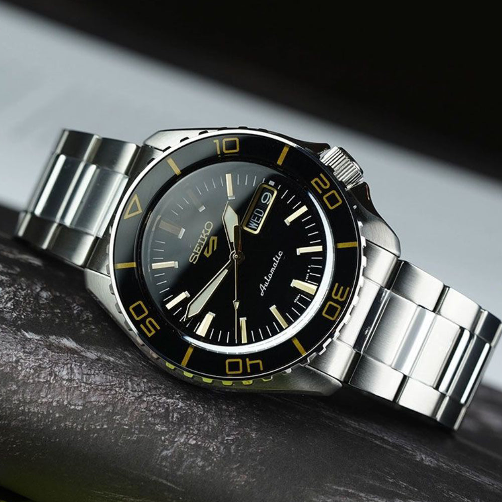 Seiko 5 Sports Men's 42.5 mm Silver Bracelet Watch - Black Dial