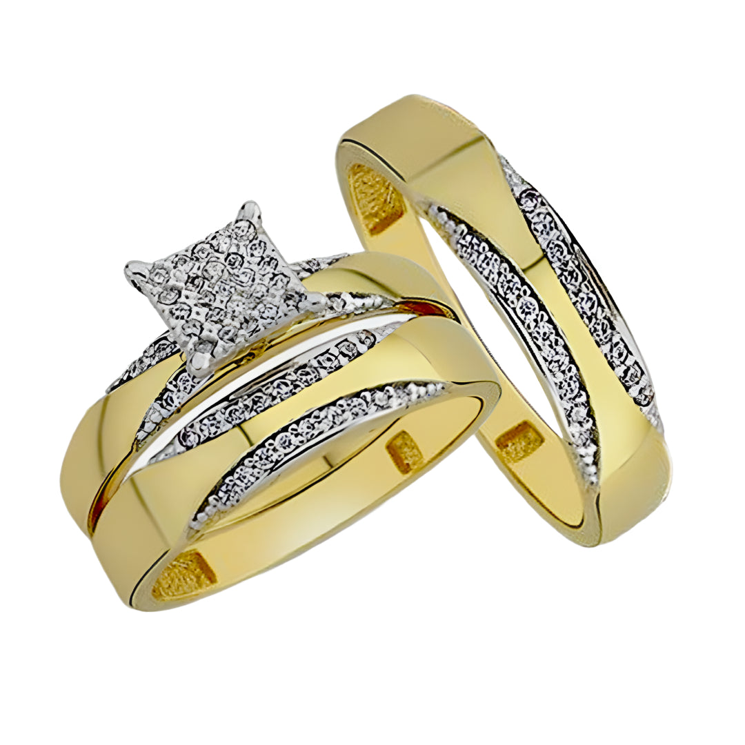 14K Unisex Cubic Zirconia Wedding Ring Trio Set in 14K Yellow Gold
