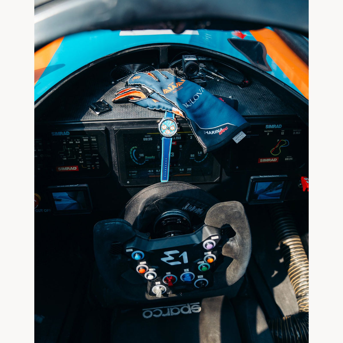 Bulova E1 Team Miami Marine Star Analog Women's 43mm Blue Strap Watch - Silver Dial