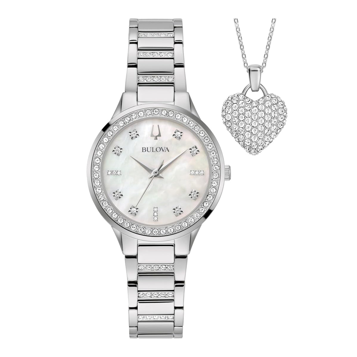 Bulova Women's Crystal 30mm Silver Analog Bracelet Watch with Heart Pendant Necklace Set - Mother of Pearl Dial