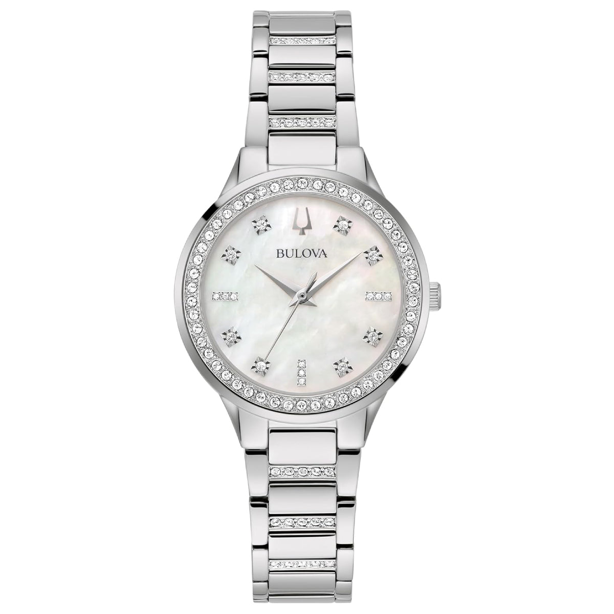Bulova Women's Crystal 30mm Silver Analog Bracelet Watch with Heart Pendant Necklace Set - Mother of Pearl Dial