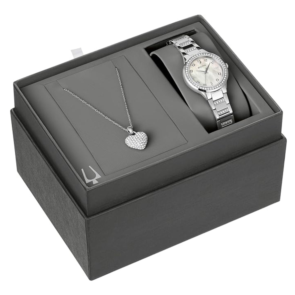 Bulova Women's Crystal 30mm Silver Analog Bracelet Watch with Heart Pendant Necklace Set - Mother of Pearl Dial