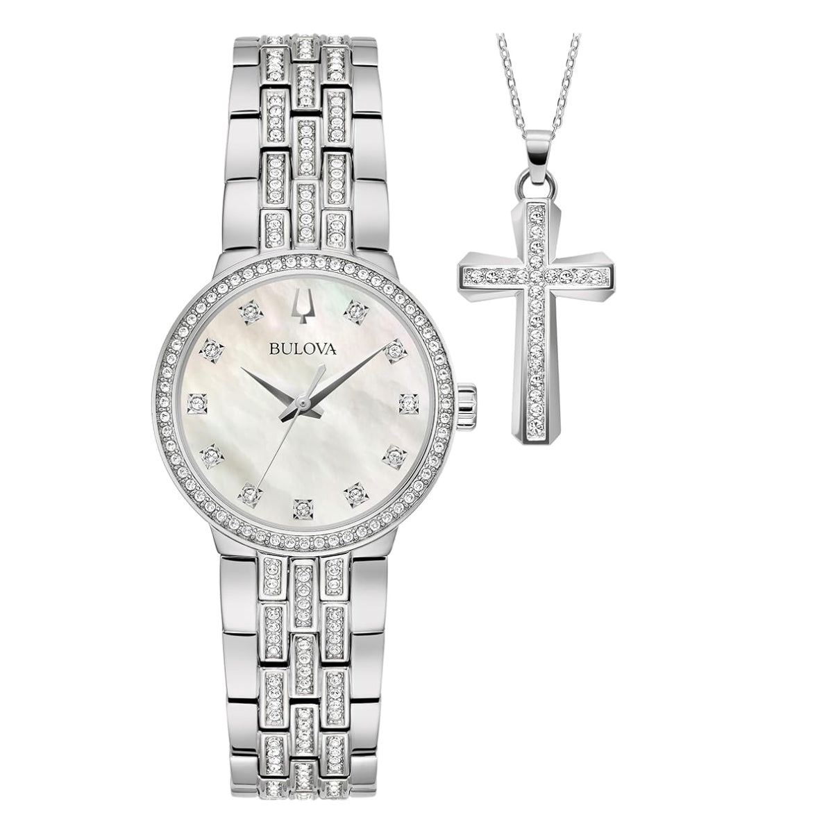 Bulova Women's Crystal 28.5mm Silver Analog Bracelet Watch with Cross Pendant Necklace Set - Mother of Pearl Dial