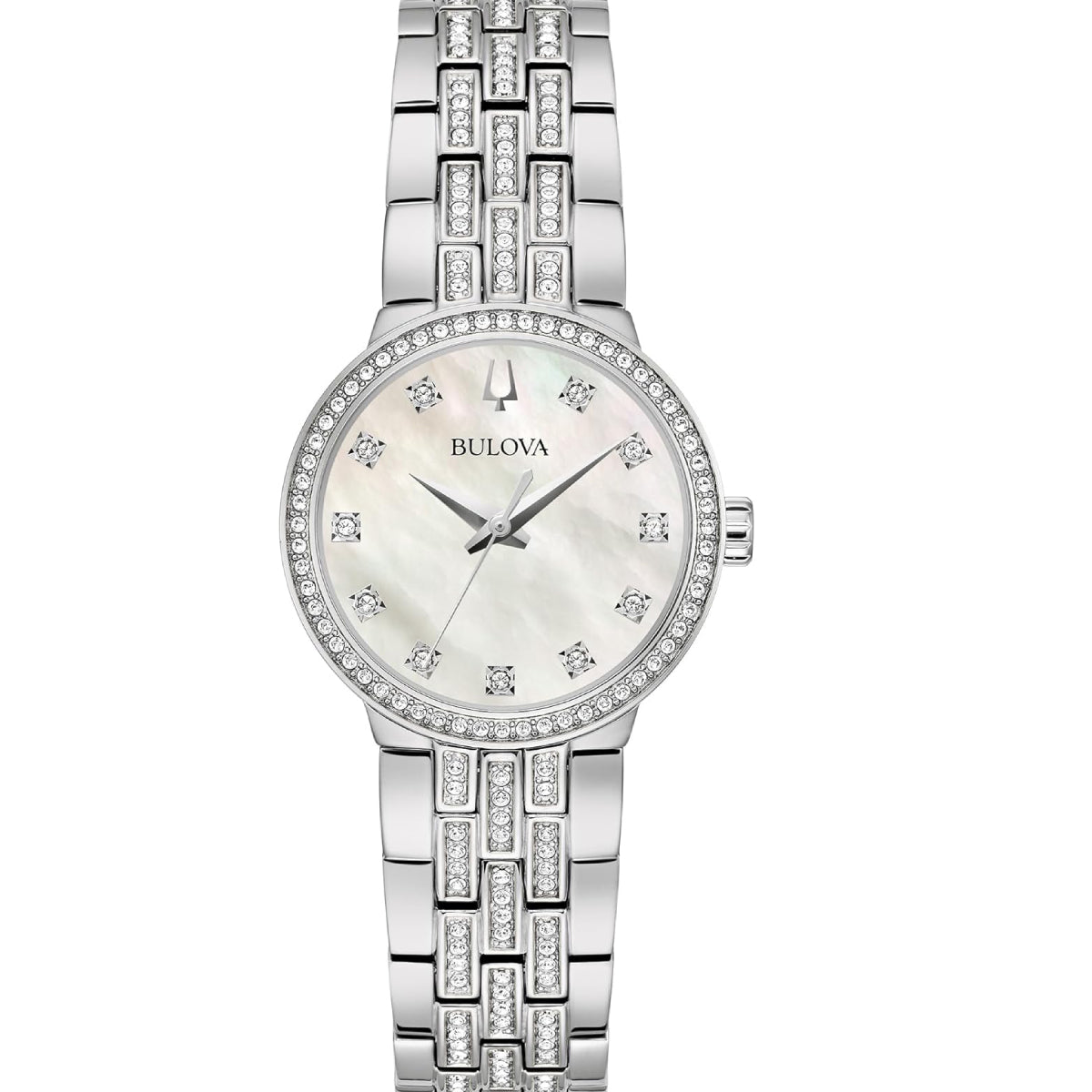 Bulova Women's Crystal 28.5mm Silver Analog Bracelet Watch with Cross Pendant Necklace Set - Mother of Pearl Dial
