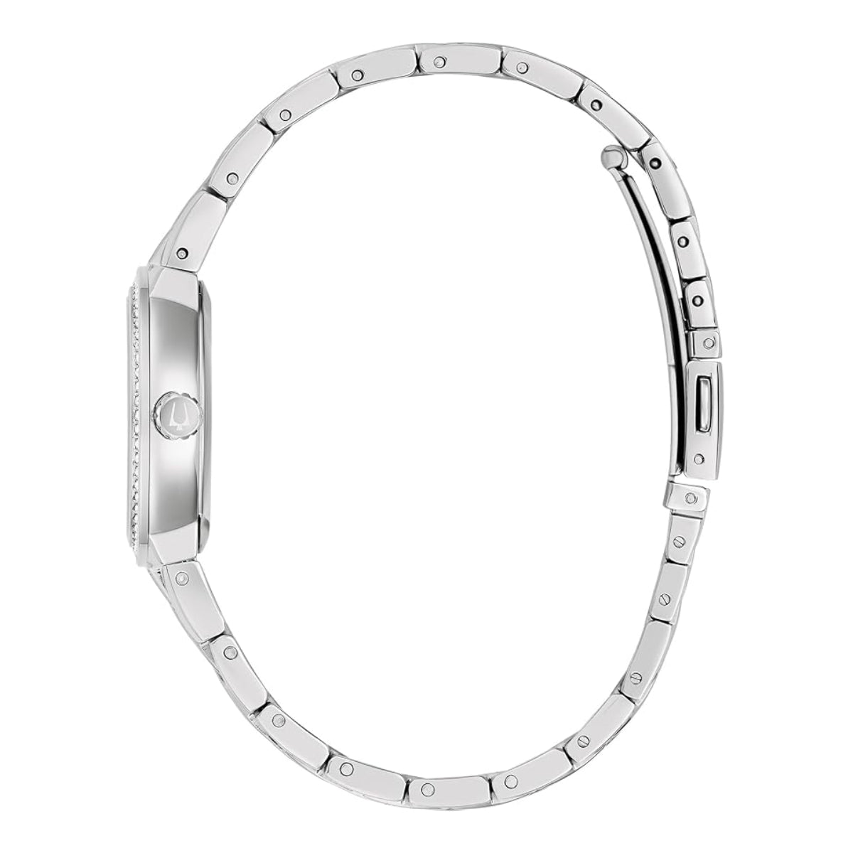 Bulova Women's Crystal 28.5mm Silver Analog Bracelet Watch with Cross Pendant Necklace Set - Mother of Pearl Dial