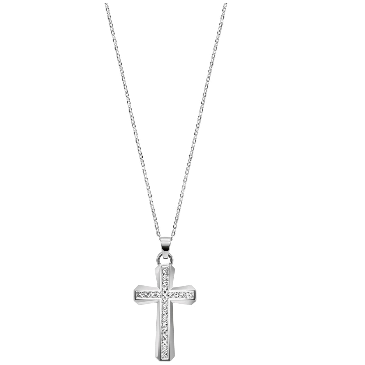 Bulova Women's Crystal 28.5mm Silver Analog Bracelet Watch with Cross Pendant Necklace Set - Mother of Pearl Dial