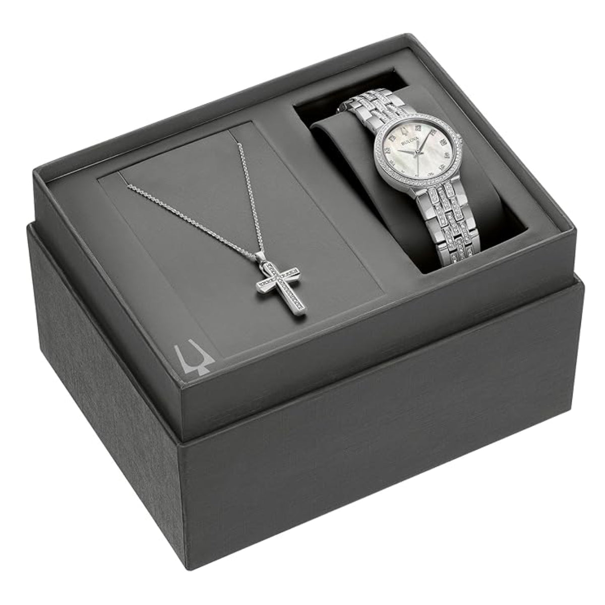 Bulova Women's Crystal 28.5mm Silver Analog Bracelet Watch with Cross Pendant Necklace Set - Mother of Pearl Dial