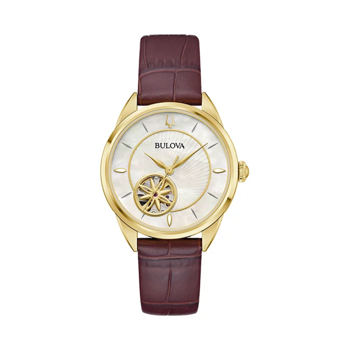 Bulova Sutton Automatic Women's 34.5mm Analog Brown Strap Watch - Pearl Dial