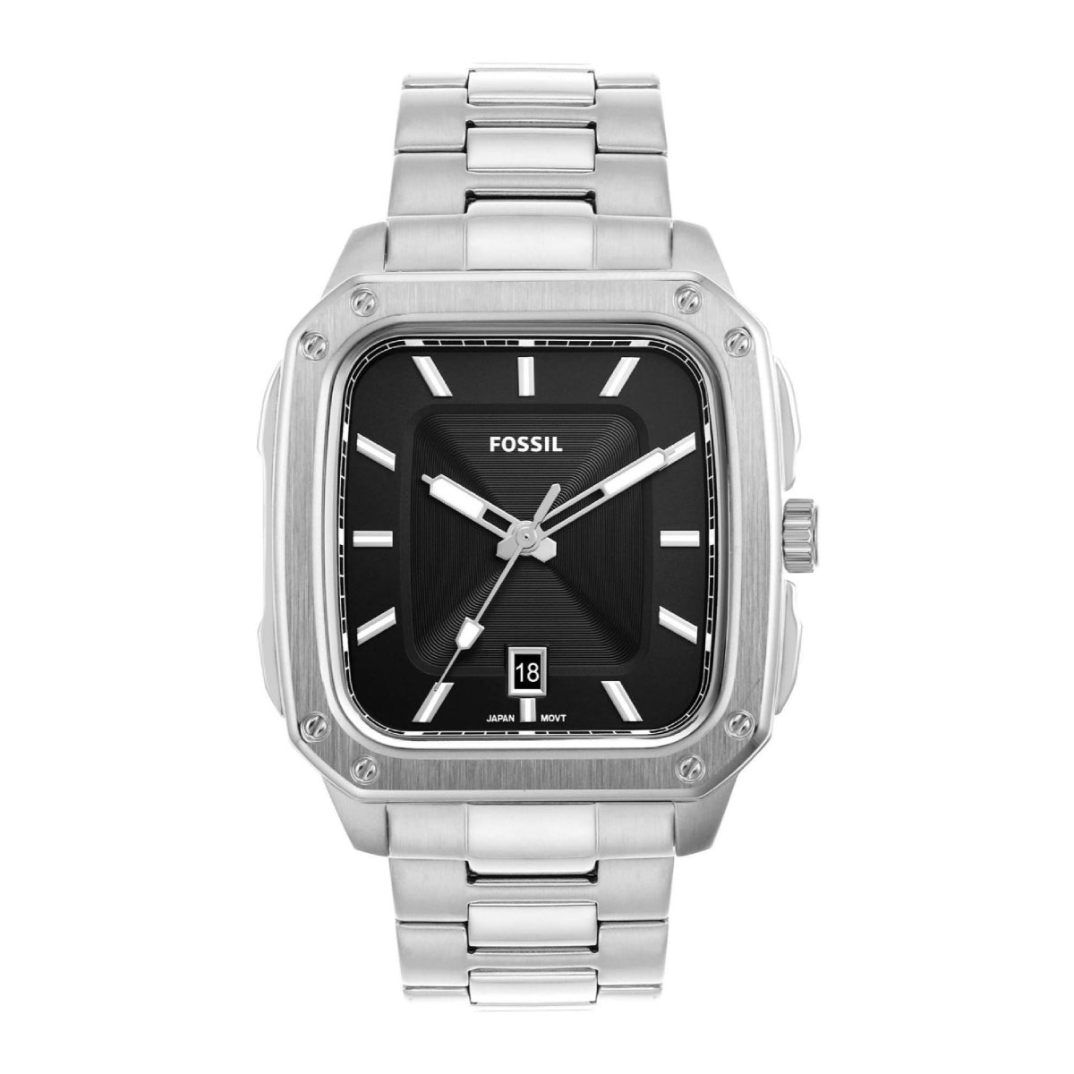 Reloj Fossil Inscription para hombre, de acero inoxidable, con tres manecillas y pulsera plateada de 42 mm, esfera negra