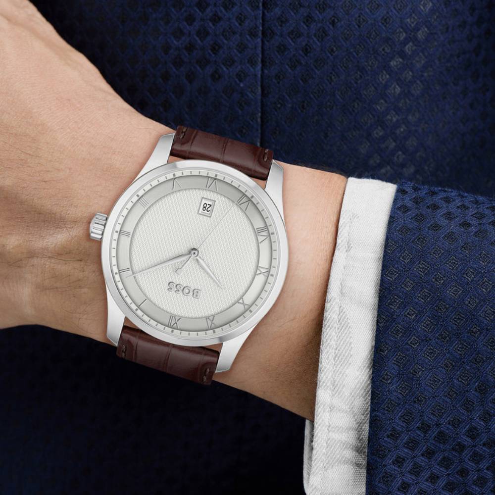 Hugo Boss Principle Men's 41mm Brown Strap Watch - Silver Dial