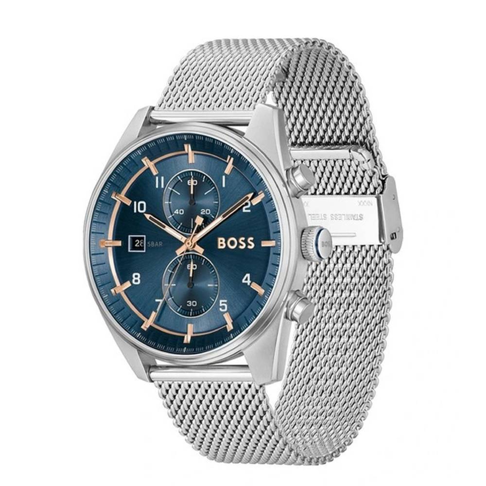 Hugo Boss SkyTraveller Men's 44mm Silver Bracelet Watch - Blue