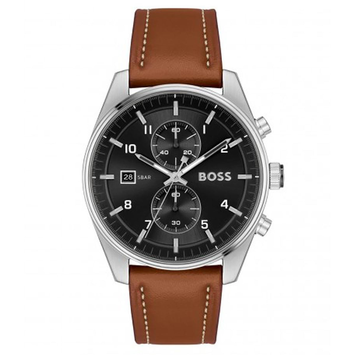 Hugo Boss Skytraveller Men's 44mm Brown Strap Watch - Black Dial