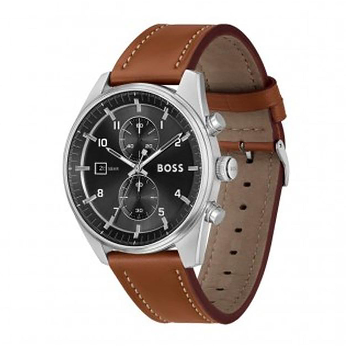 Hugo Boss Skytraveller Men's 44mm Brown Strap Watch - Black Dial