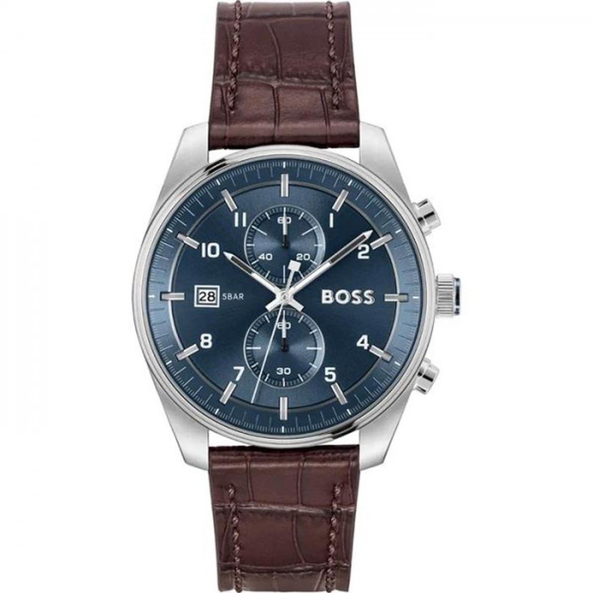 Hugo Boss Skytraveller Men's 44mm Light Brown Strap Watch - Blue Dial