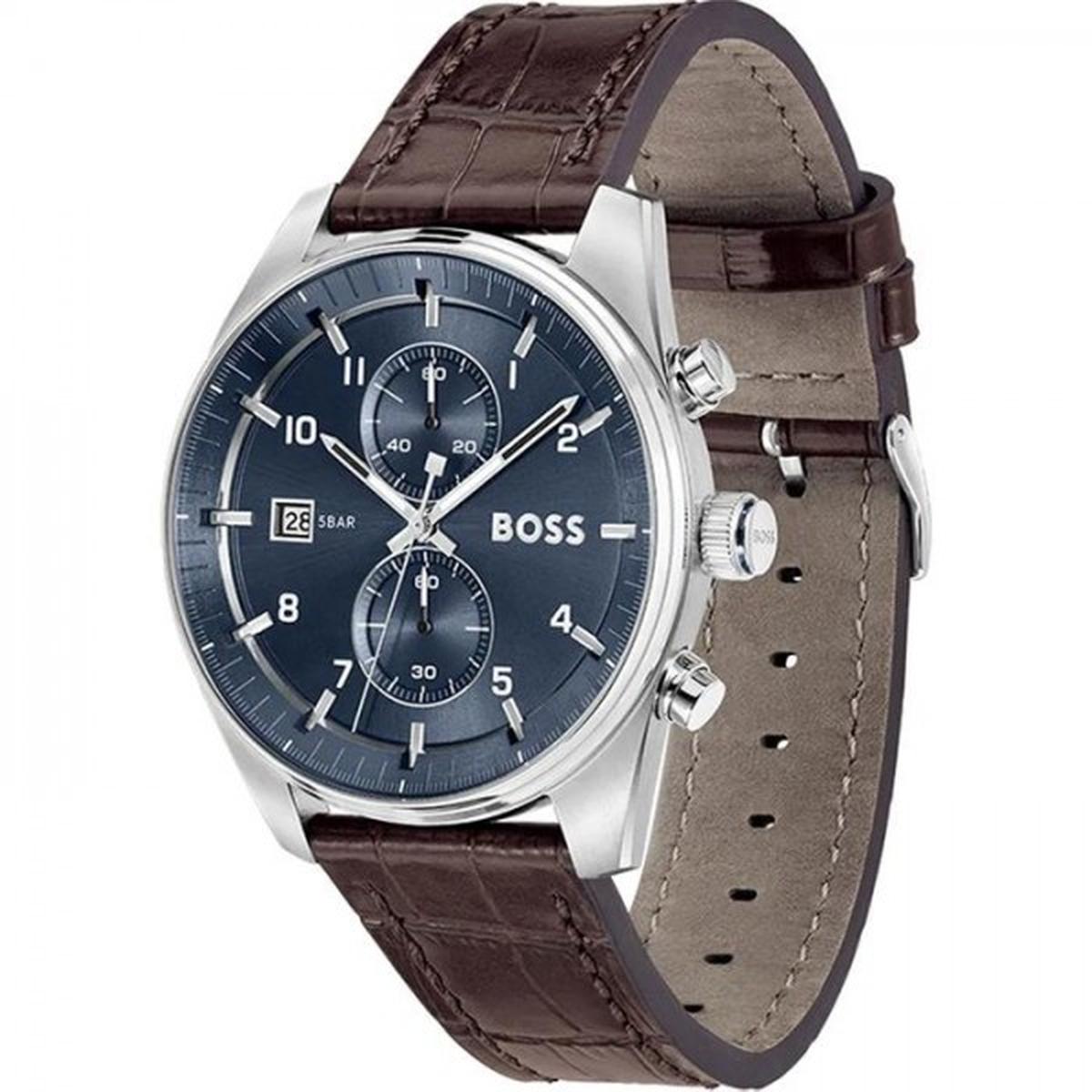 Hugo Boss Skytraveller Men's 44mm Light Brown Strap Watch - Blue Dial