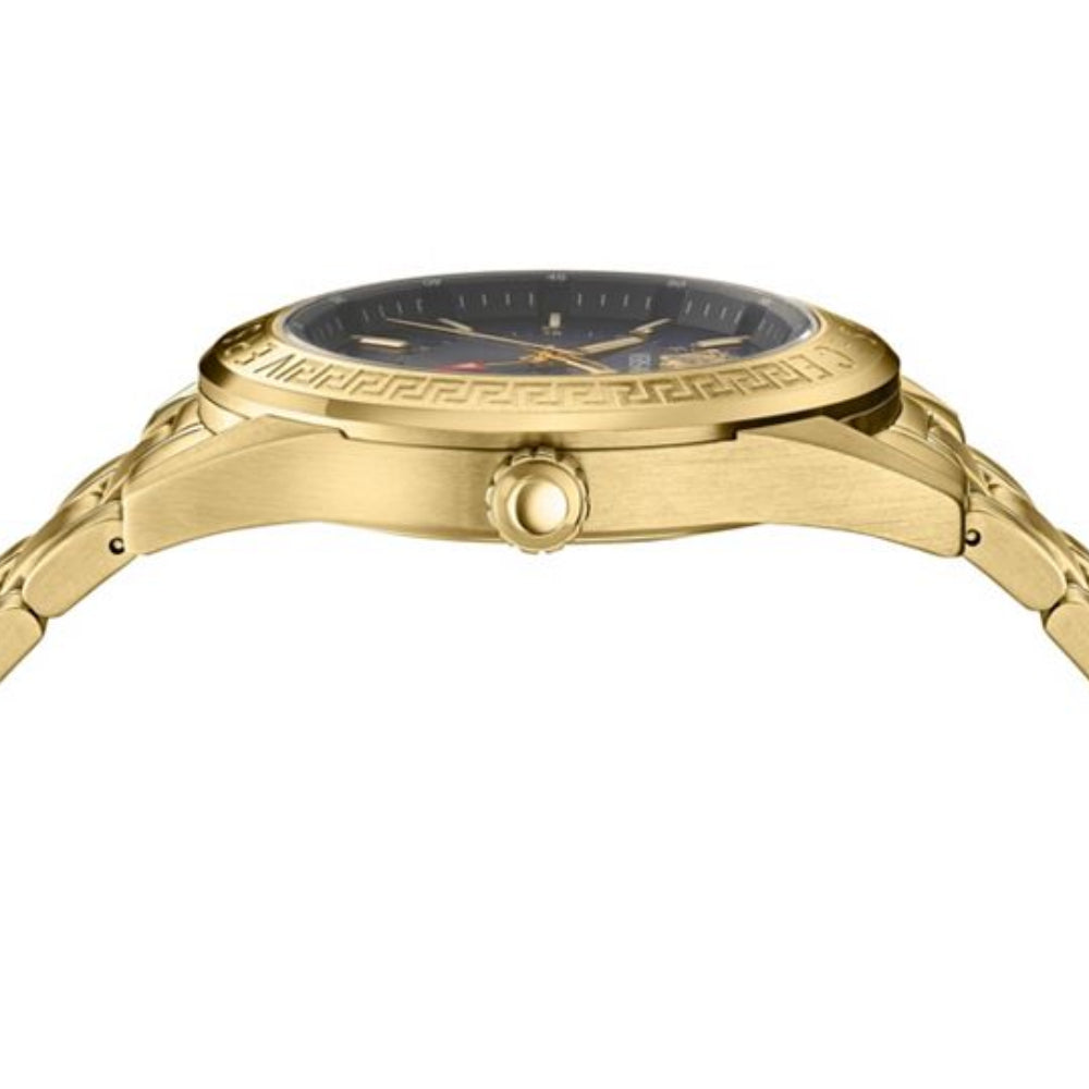 Versace V-Code GMT Men's 42mm Gold Bracelet Watch - Black Dial