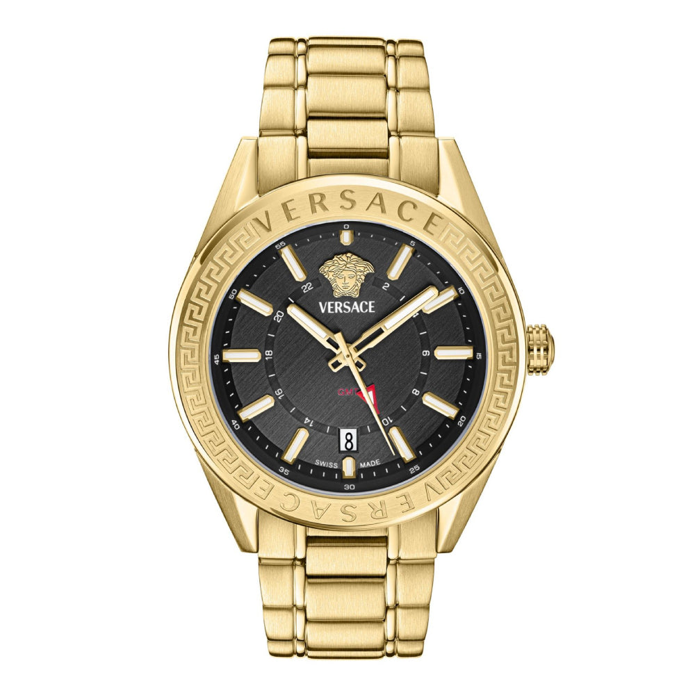 Versace V-Code GMT Men's 42mm Gold Bracelet Watch - Black Dial