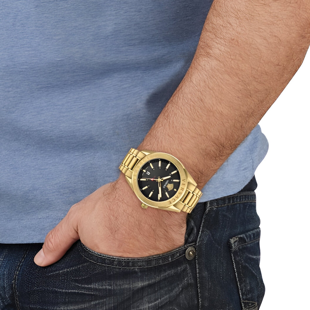 Versace V-Code GMT Men's 42mm Gold Bracelet Watch - Black Dial