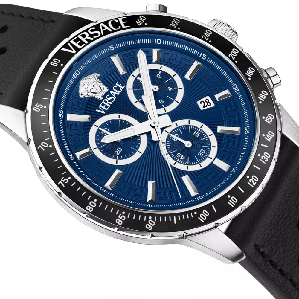 Versace Sport Chrono Men's 44mm Black Strap Watch - Blue Dial