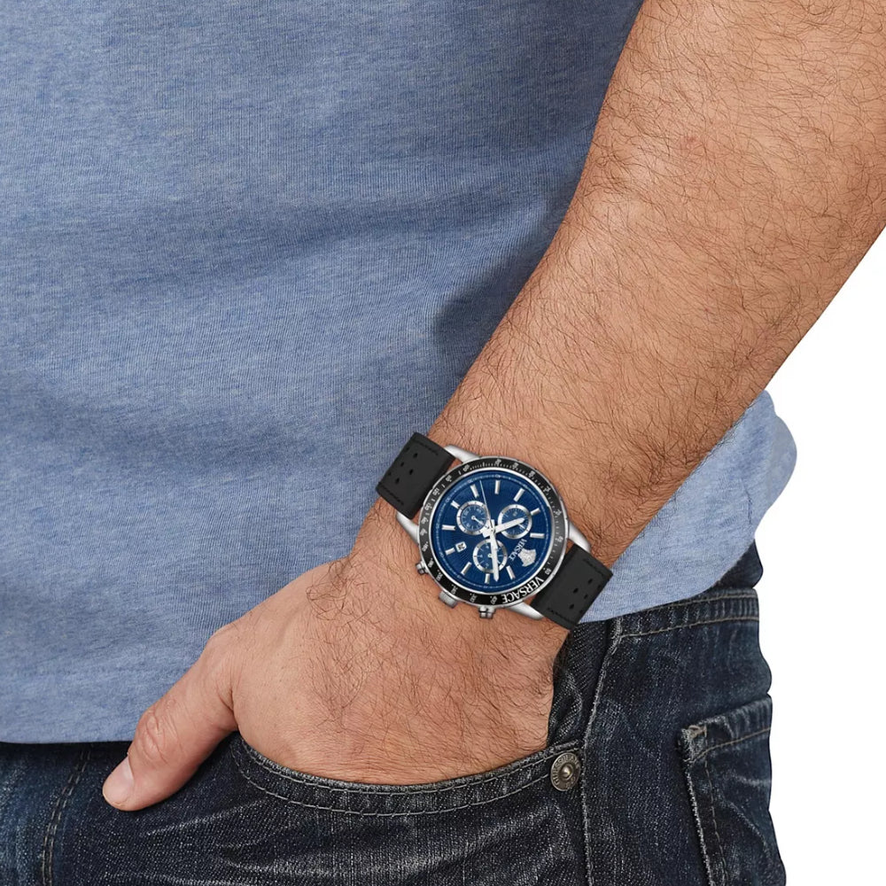 Versace Sport Chrono Men's 44mm Black Strap Watch - Blue Dial