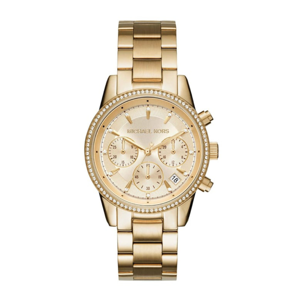 Michael Kors Women's Ritz Chronograph Round Gold Dial Stainless Steel Bracelet Watch - Gold