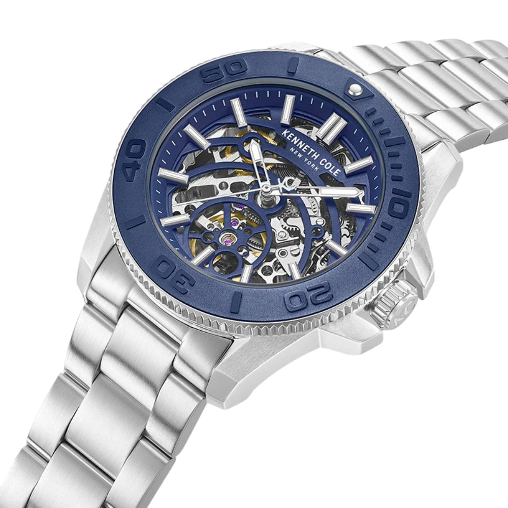Kenneth Cole New York Skeleton Men's Silver Bracelet Watch - Blue Dial