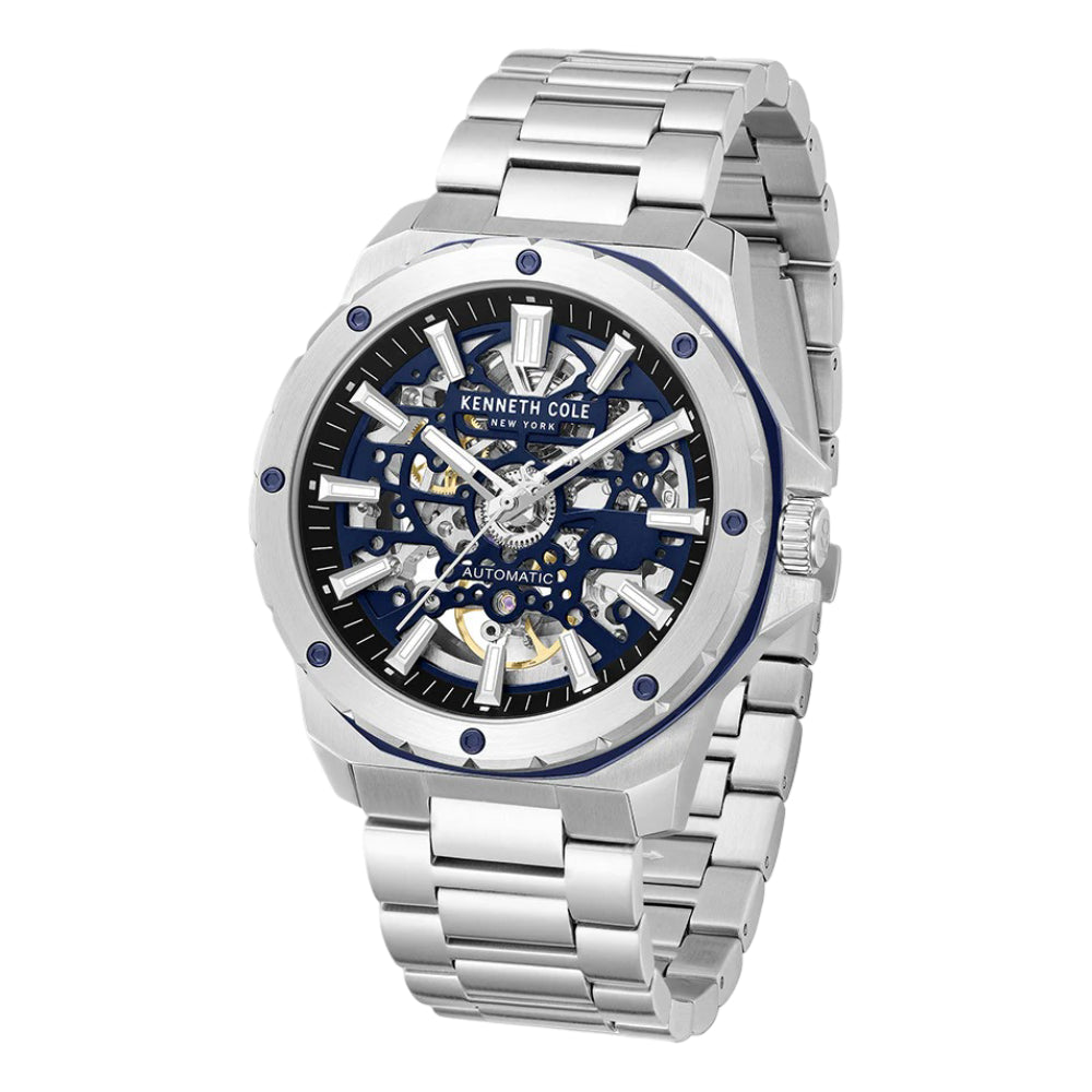Kenneth Cole New York Skeleton Men's 45mm Silver Bracelet Watch - Blue Dial