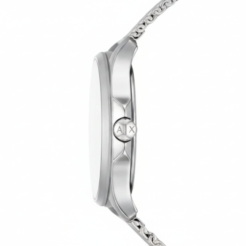 Reloj Armani Exchange para mujer con correa plateada de 36 mm y tres manecillas, esfera rosa