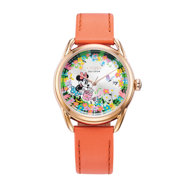 Reloj Citizen Gardening Minnie para mujer, correa naranja de 36 mm, esfera plateada