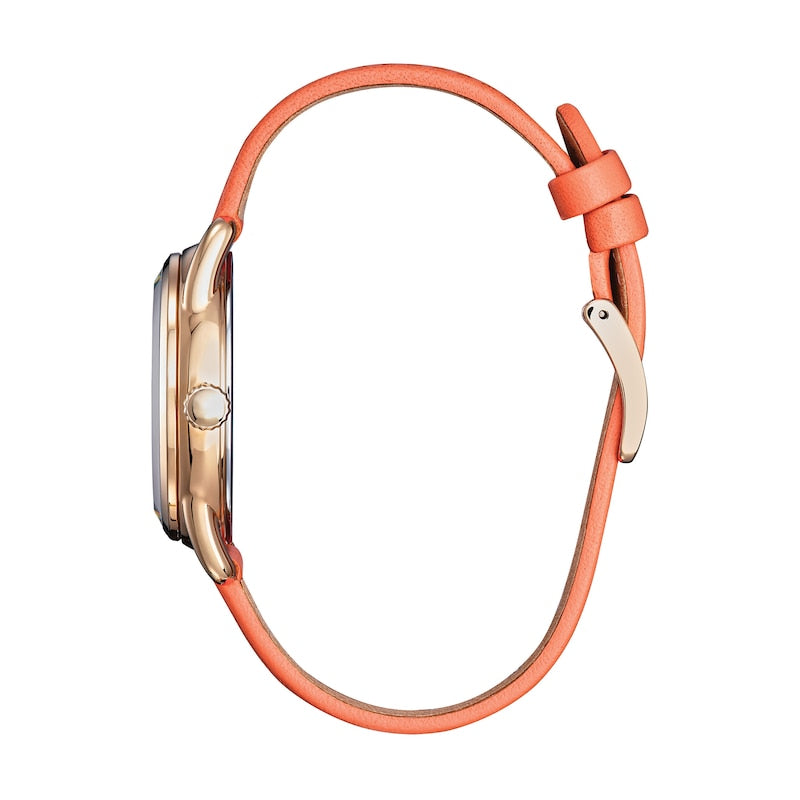 Reloj Citizen Gardening Minnie para mujer, correa naranja de 36 mm, esfera plateada