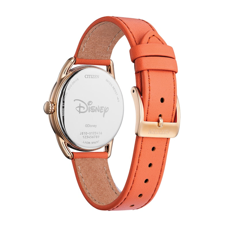 Reloj Citizen Gardening Minnie para mujer, correa naranja de 36 mm, esfera plateada