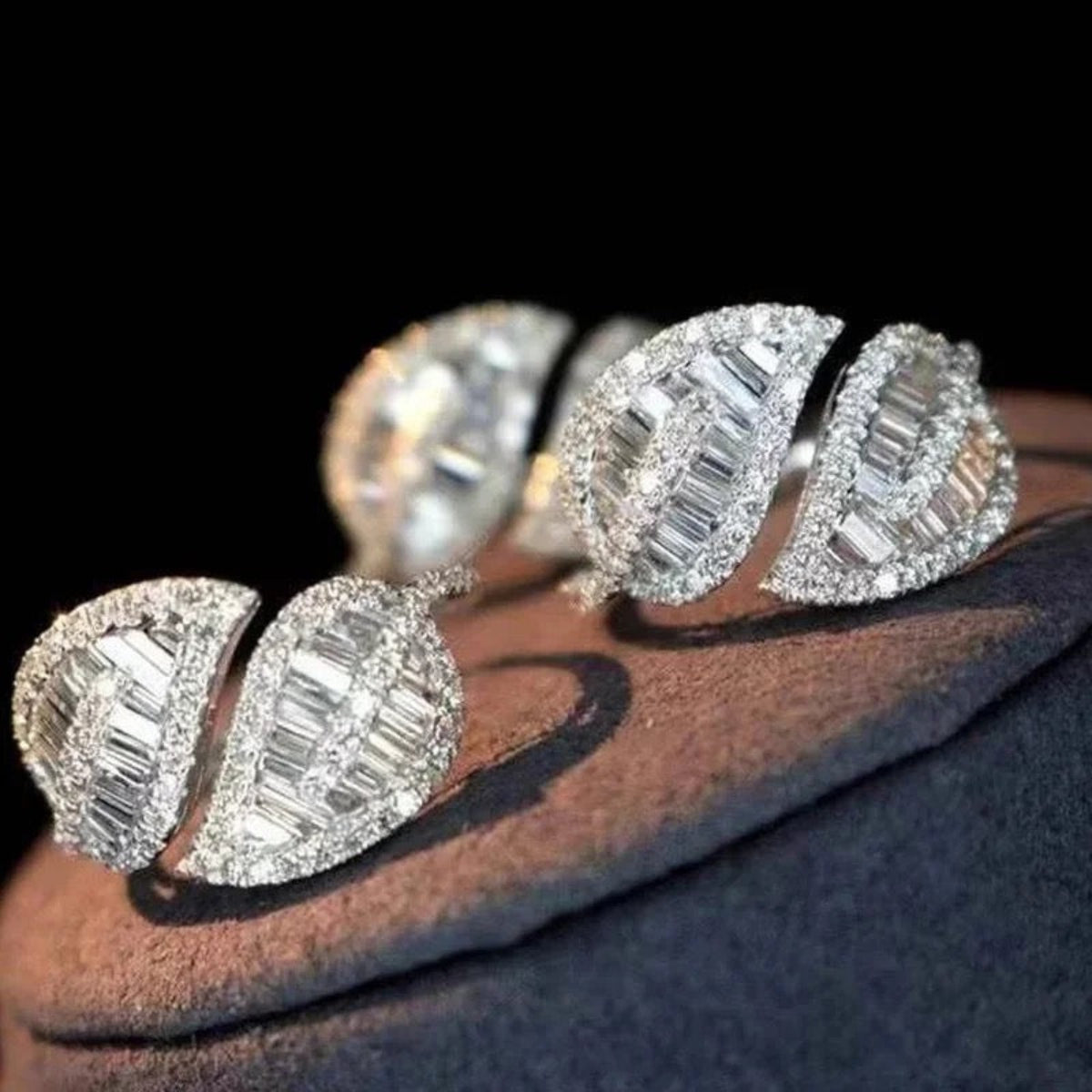 Anna Zuckerman Olivia 83 Women's 2 ct. Diamond Crystalline Bypass Leaf Ring in Platinum-Plating over 925 Sterling Silver - Size 9