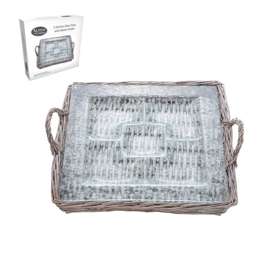 Alpine Cuisine Five Section Glass Plate with Rattan Holder - Curacao