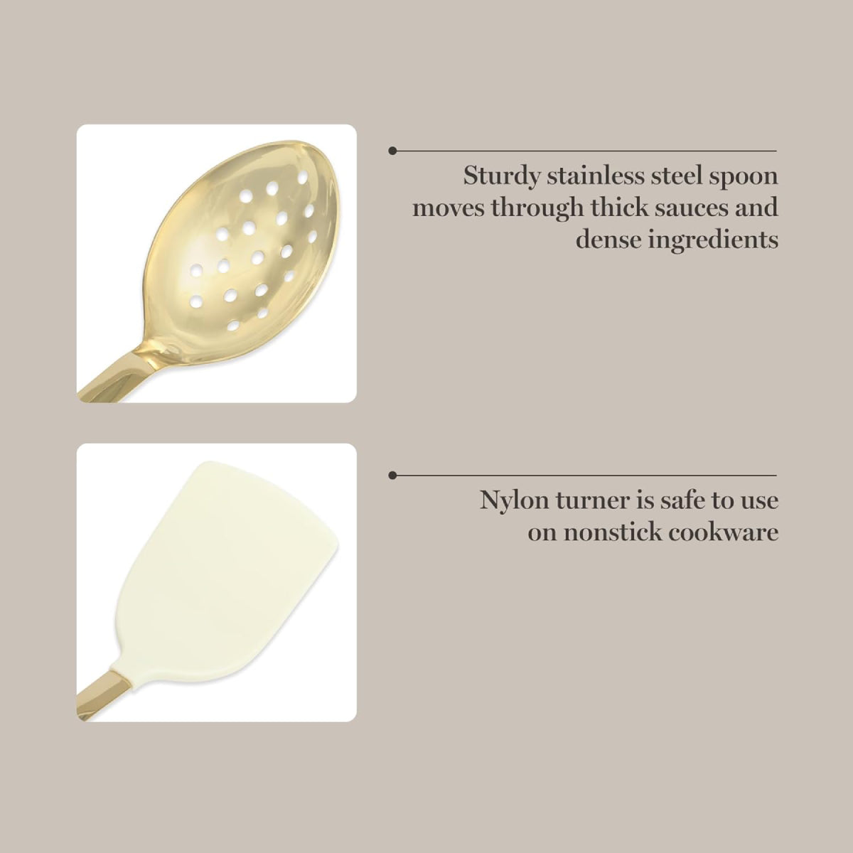Martha Stewart 142693 Kitchen Turner and Slotted Spoon (2 Piece) Set - Linen/Gold