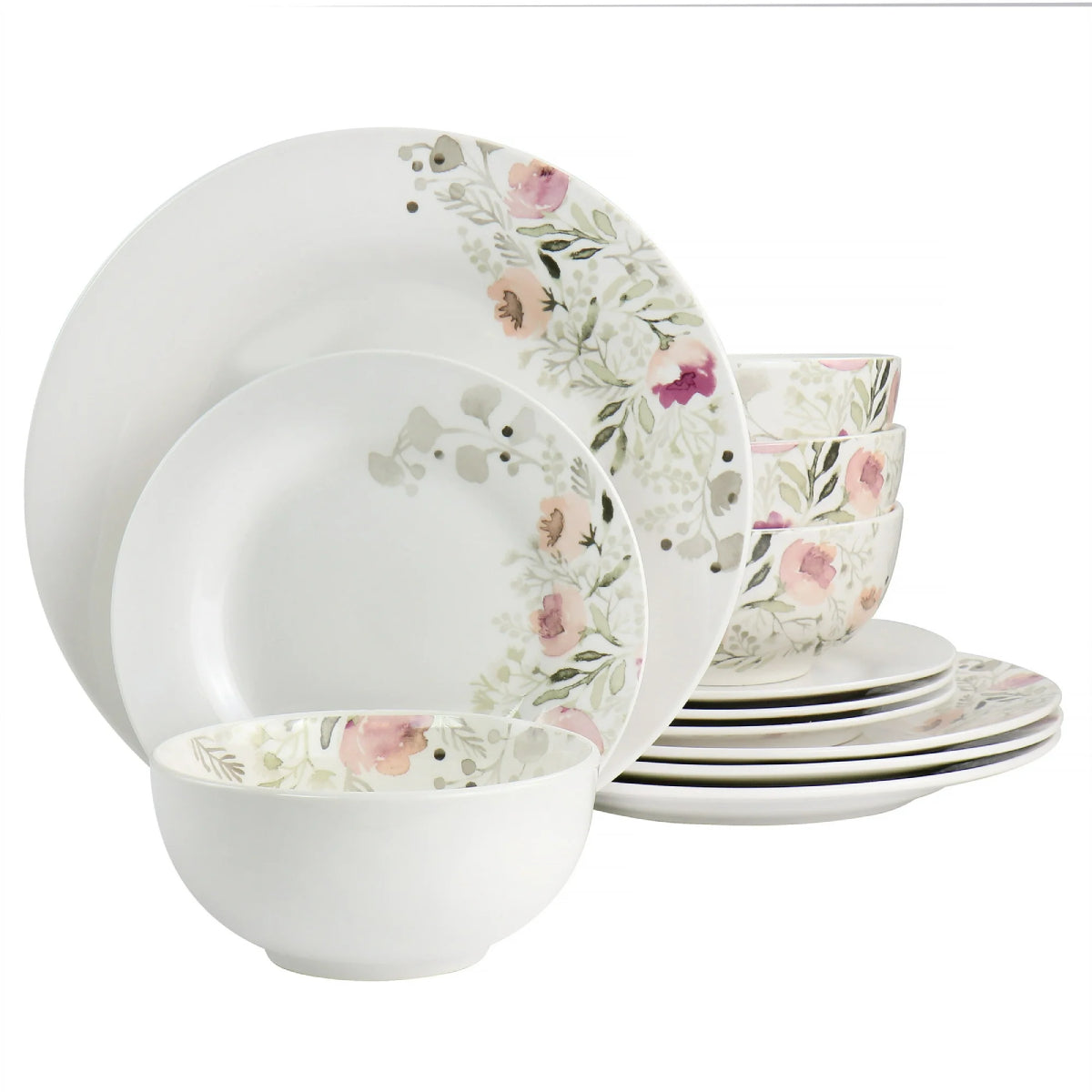 Gibson Home 127030 Lily Garden Dinnerware Set (12 Piece) Set - White/Pink
