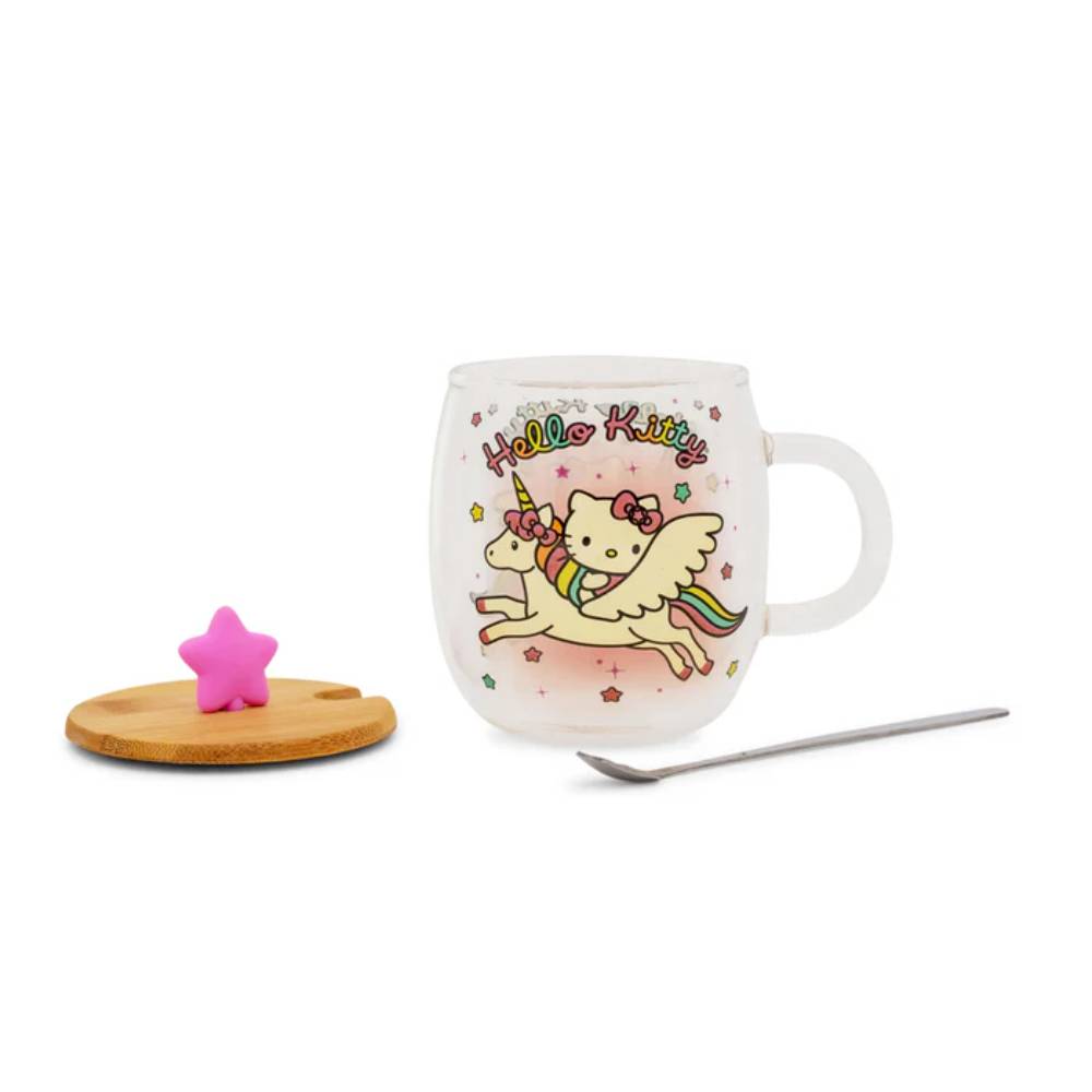 Sanrio Hello Kitty 17 oz Glass Mug With Star Topper Lid and Spoon - Multicolor