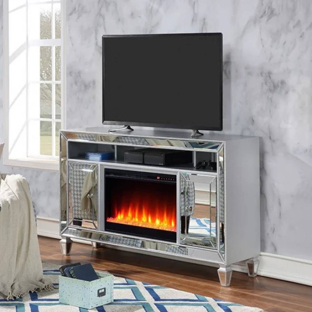 Seginus 65" TV Stand with Fire Place by Furniture of America - Silver