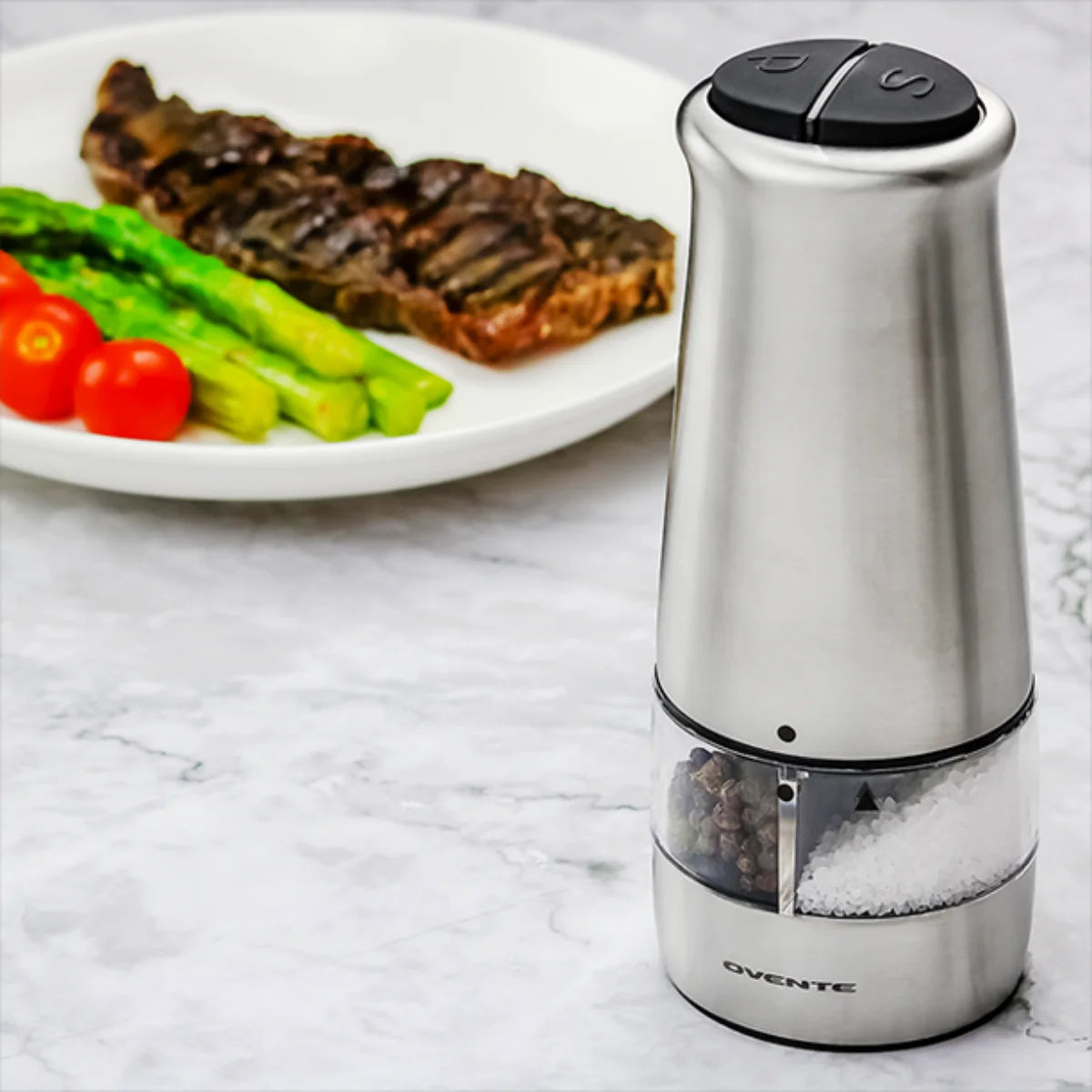 Ovente SPD121S 2-in-1 Electric Salt and Pepper Grinder - Silver
