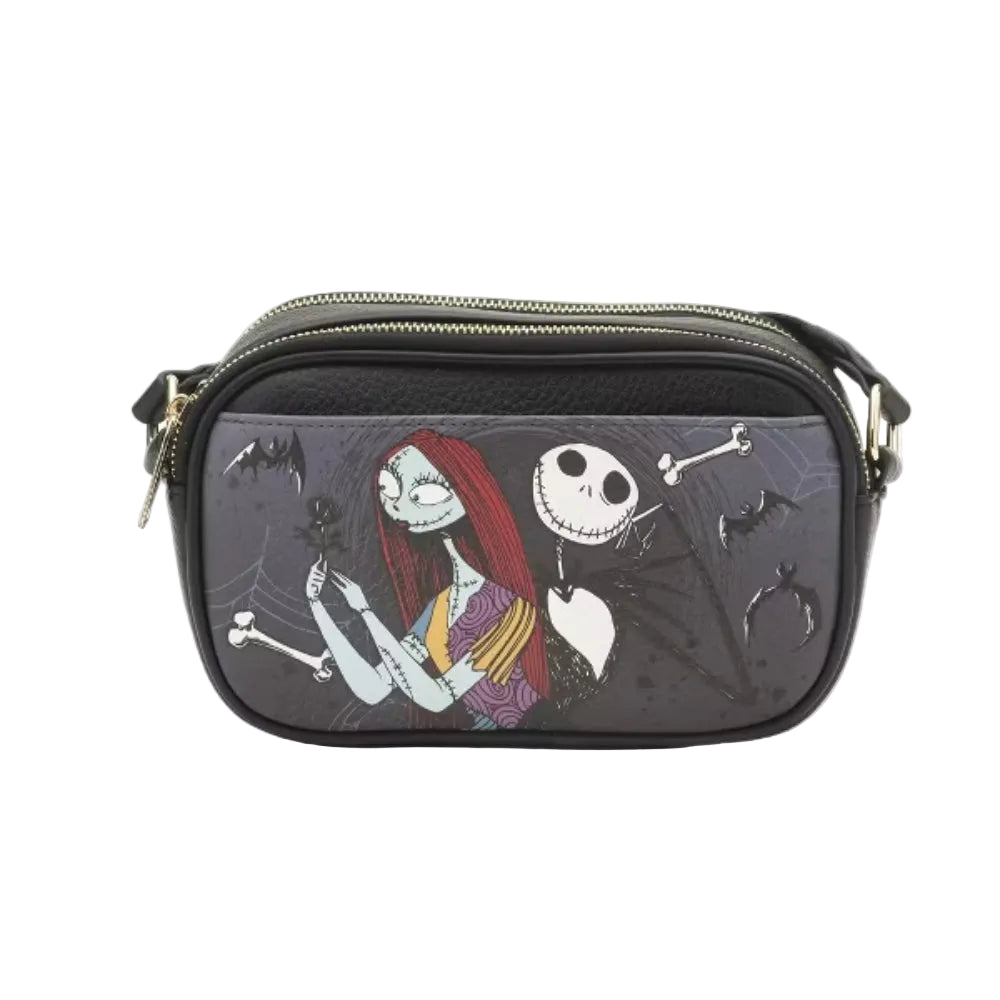 Wondapop Nightmare Before Christmas Designer Series Double Zipper Crossbody Bag with Shoulder Strap - Black