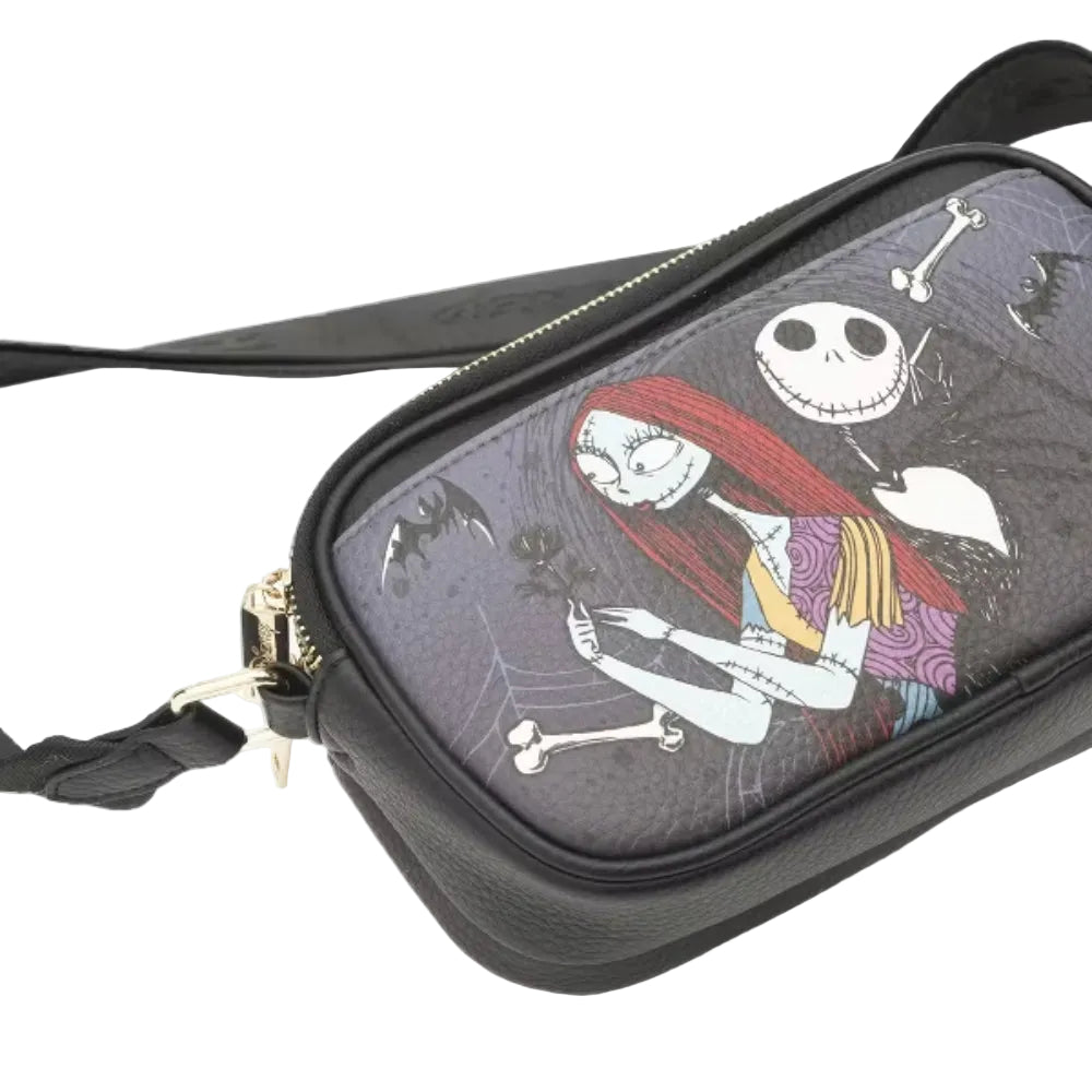 Wondapop Nightmare Before Christmas Designer Series Double Zipper Crossbody Bag with Shoulder Strap - Black