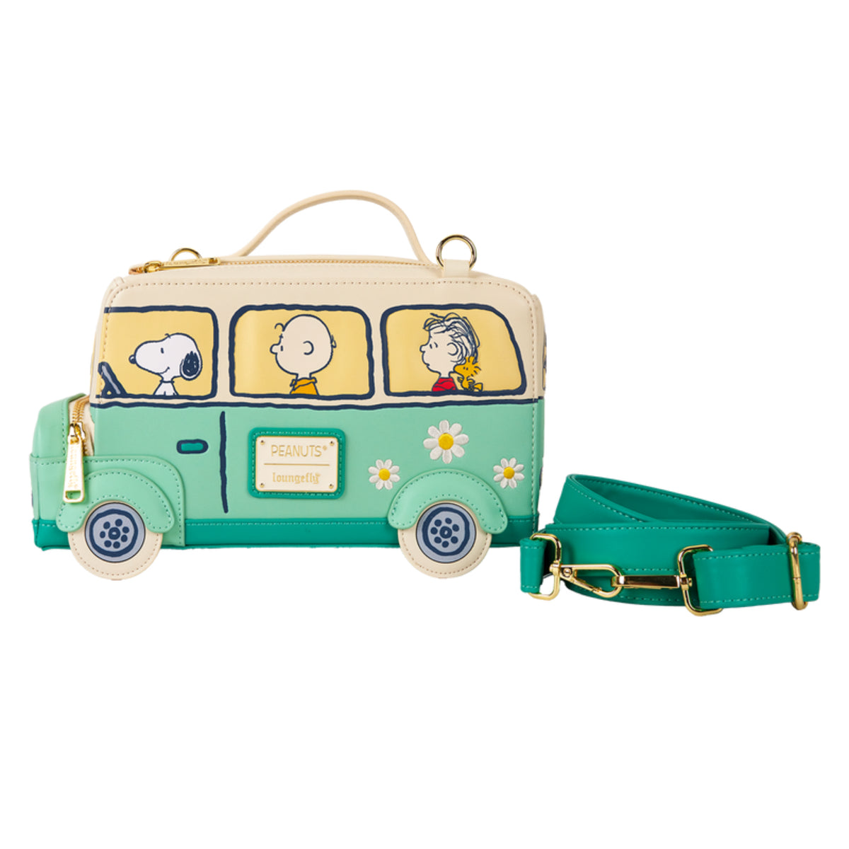 Loungefly Peanuts Gang Road Trip Bus Light Up Figural Crossbody Bag with Adjustable Strap - Green/Beige